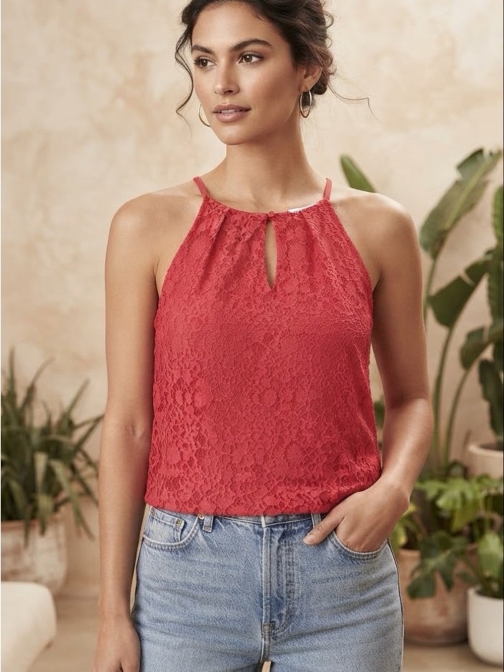 Monteau Red Lace Halter Tank Top